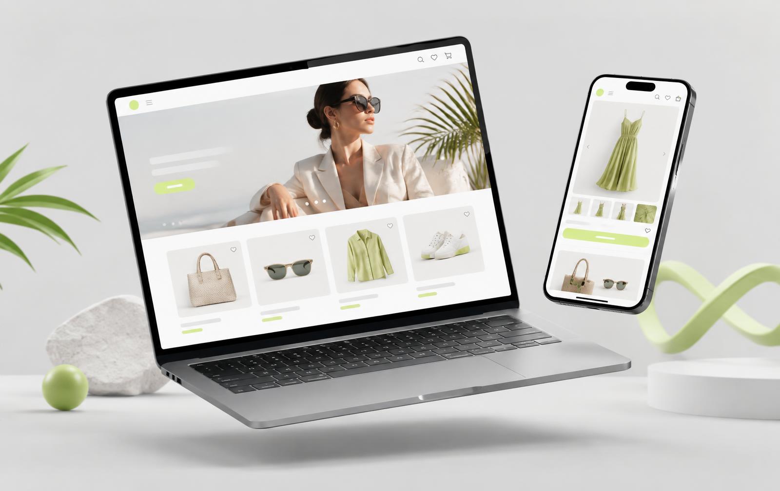 Webshop-thema op laptop en telefoon